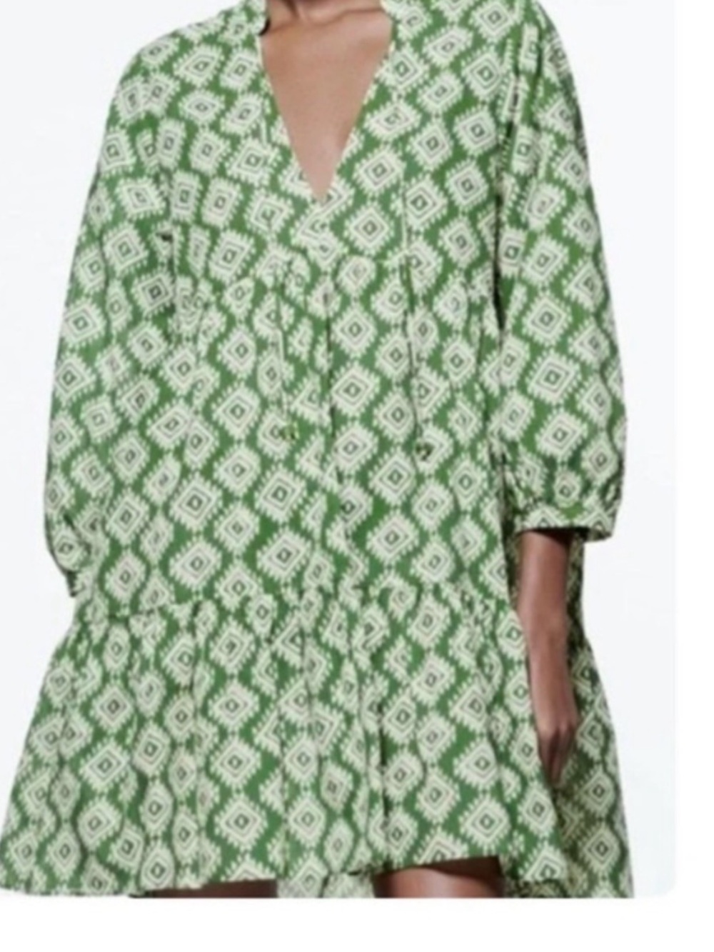 Zara Green and White Printed V-Neck Tiered Mini Dress
